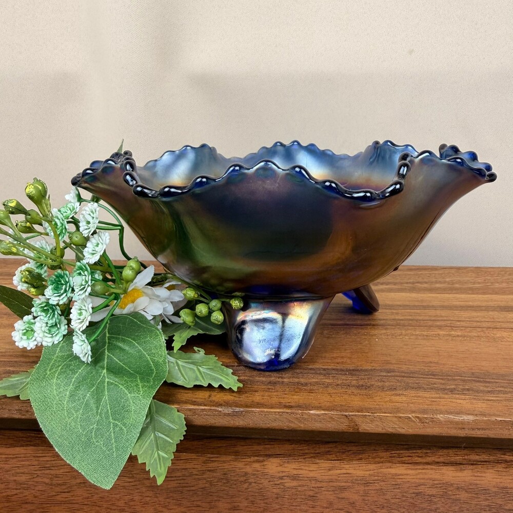 Fenton Blue Carnival Glass Ruffled 7.5” Bowl Grapes & Cable 3 Footed Vintage